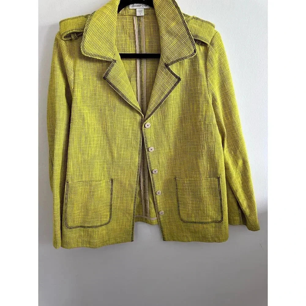 Coldwater Creek Bright Yellow Textured Check Plaid Snap Blazer Jacket Size 12